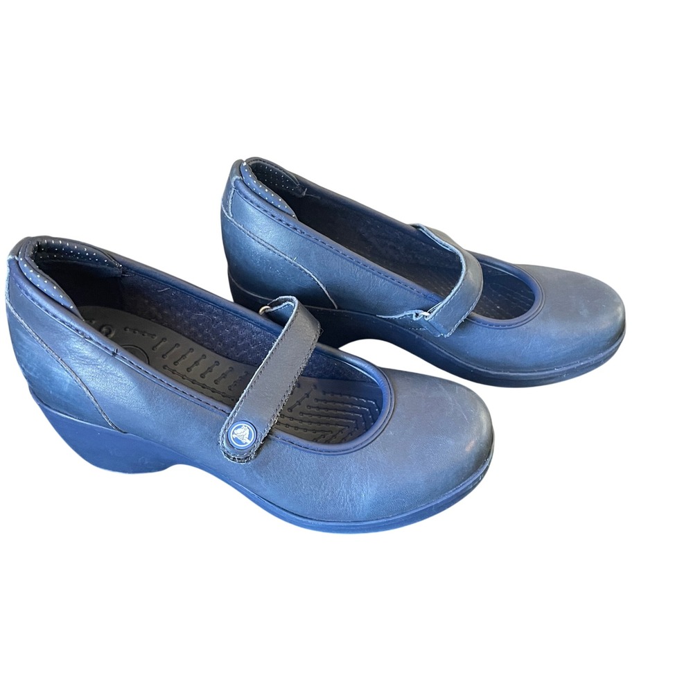 Crocs Womens Caey Navy Blue Leather Mary Jane Wedge Comfort Work Shoes Size 7
